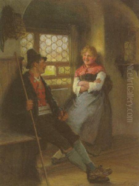 Bursche Und Dirndl Am Fenster Der Bauernstube Oil Painting by Hugo Wilhelm Kauffmann