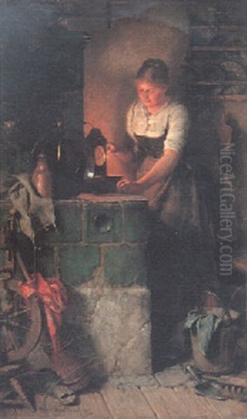 Lighting The Lantern Oil Painting by Hugo Wilhelm Kauffmann