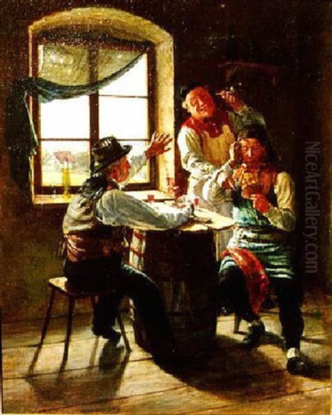 Interior Of A Tavern Scene And Three Men In Card Scene Oil Painting by Hugo Wilhelm Kauffmann