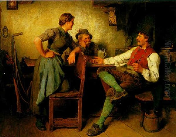 Madel Mit Zwei Burschen In Der Stube Oil Painting by Hugo Wilhelm Kauffmann