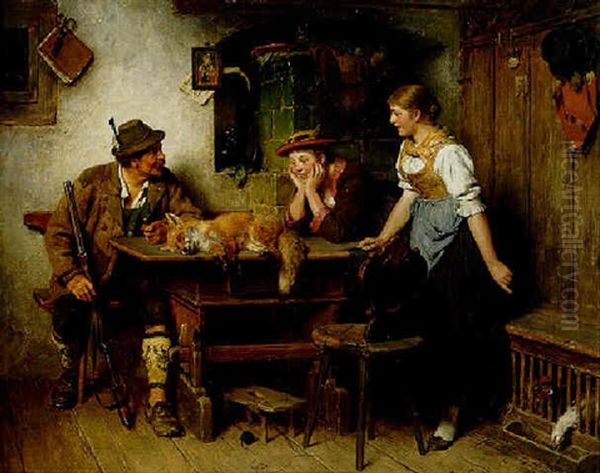 Jager Mit Fuchs Und Zwei Madel Oil Painting by Hugo Wilhelm Kauffmann