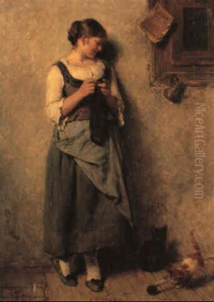 Strickendes Madchen Mit Katzen Oil Painting by Hugo Wilhelm Kauffmann