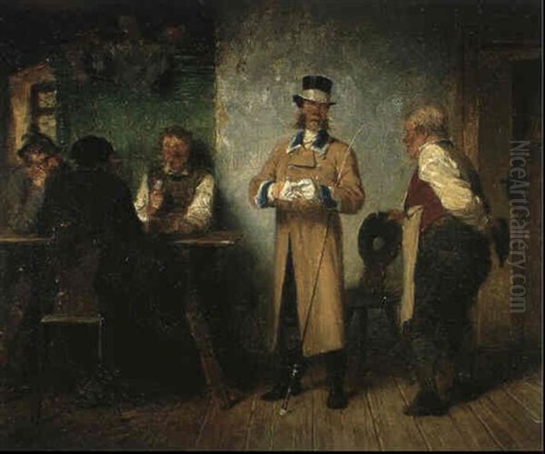 Ein Vornehmer Gast. Ein Herrschaftlicher Kutscher In Livree Hat Eine Landliche Wirtshausstube Betreten... Oil Painting by Hugo Wilhelm Kauffmann