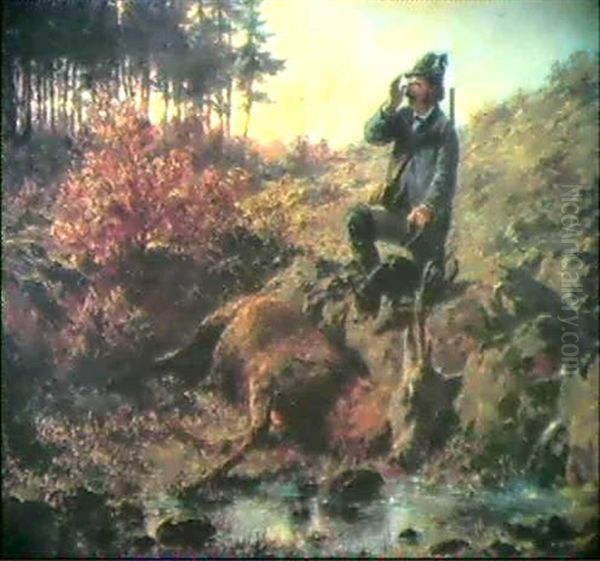 Ein Jager Sitzt Mit Seinem Hund An Einem Von Felsgeroll     Umgebenen Bachlauf, An Dessen Ufer Der Erlegte Hirsch Liegt Oil Painting by Hugo Wilhelm Kauffmann