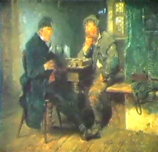 Damespieler.an Einem Tisch Sitzen Zwei Herren Grubelnd      Uber Dem Spiel Oil Painting by Hugo Wilhelm Kauffmann