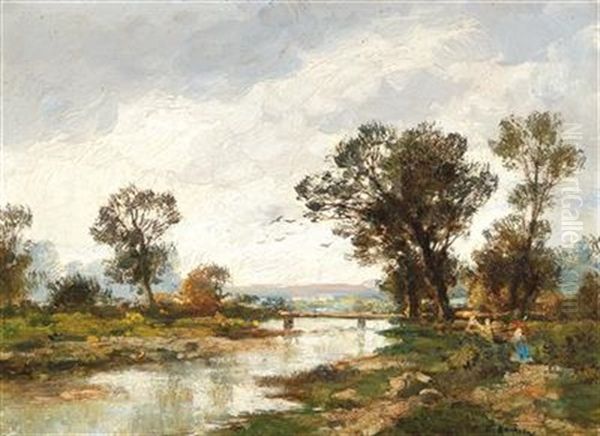 Clouds Over A River Landscape Oil Painting by Adolf Kaufmann