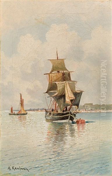 Kustenlandschaft Mit Segelschiffen Oil Painting by Adolf Kaufmann