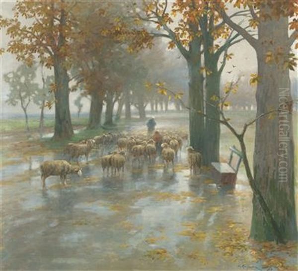 Flock Of Sheep With Shepherdess On A Rainy Day Oil Painting by Adolf Kaufmann