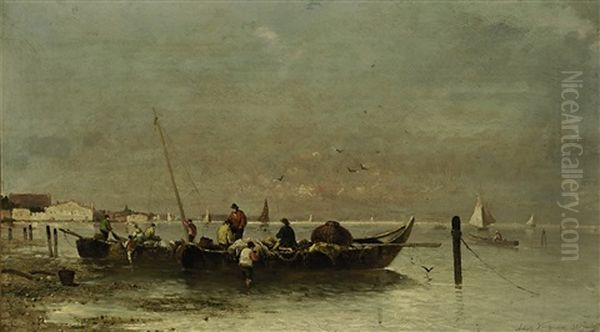 Fischerboote Am Ufer Oil Painting by Adolf Kaufmann