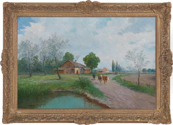 Ein Fruhlingstag Am Lande, Landschaft Mit Bauernhaus Am Teich, Figural Staffiert Oil Painting by Adolf Kaufmann