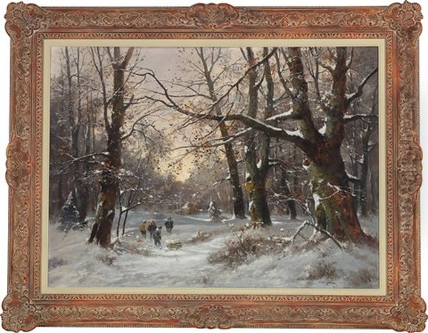 Holzarbeiter In Verschneiter Waldlandschaft Oil Painting by Adolf Kaufmann