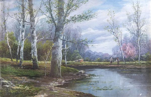 Reisigsammler In Aulandschaft Mit Birken Oil Painting by Adolf Kaufmann