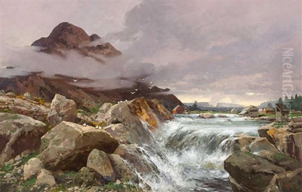 Norwegische Landschaft Mit Wasserfall Oil Painting by Adolf Kaufmann