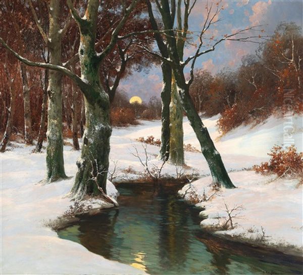 Winter Landscape With Rising Moon Oil Painting by Adolf Kaufmann