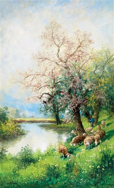 Spring By The River Oil Painting by Adolf Kaufmann