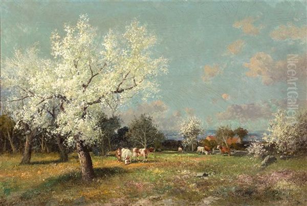 Fruhlingslandschaft Mit Weidenden Kuhen Unter Bluhenden Baumen Und Verstecktem Gehoft Oil Painting by Adolf Kaufmann