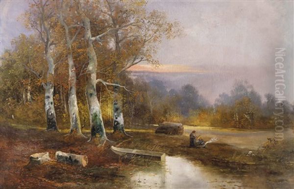 Herbstliche Waldlandschaft Mit Zwei Frauen Am Offenen Feuer Oil Painting by Adolf Kaufmann