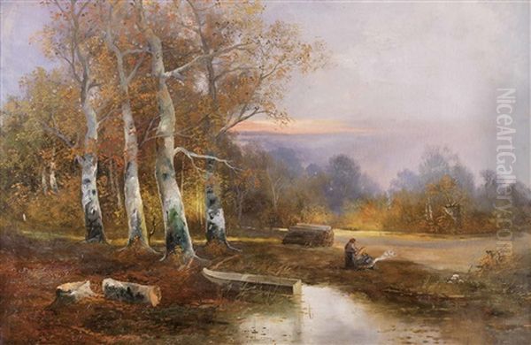 Herbstliche Waldlandschaft Mit Zwei Frauen Am Offenen Feuer Oil Painting by Adolf Kaufmann