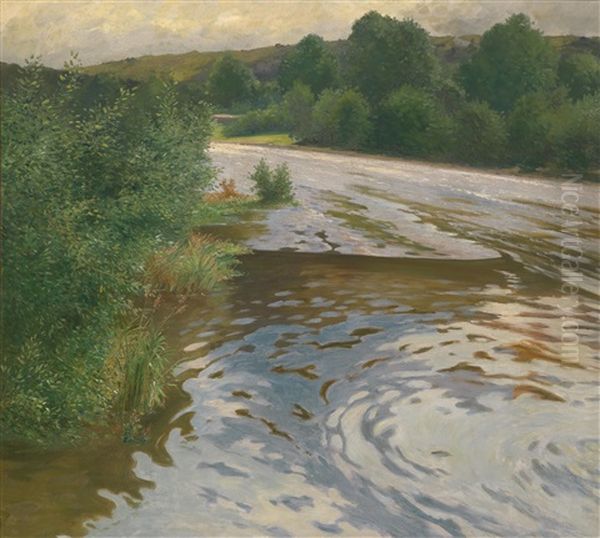 Large River Landscape Oil Painting by Adolf Kaufmann