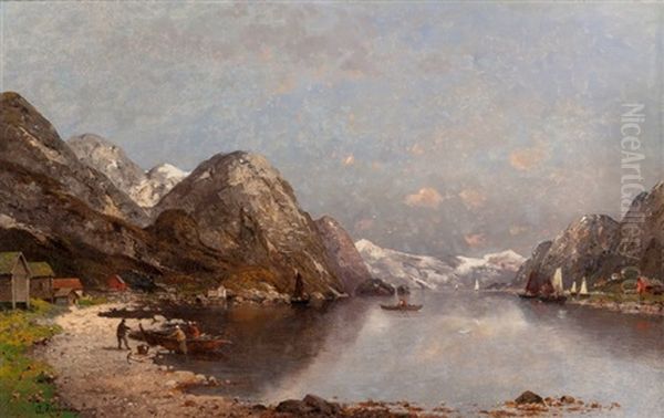 Fishermen On The Bank Of A Fjord Oil Painting by Adolf Kaufmann