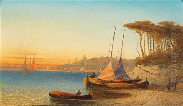 View Of The Gulf Of Ischia Near Naples Oil Painting by Adolf Kaufmann