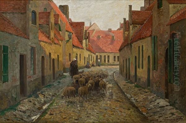 Street In Bruges Oil Painting by Adolf Kaufmann