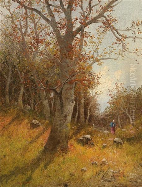 Woman Gathering Brushwood Oil Painting by Adolf Kaufmann