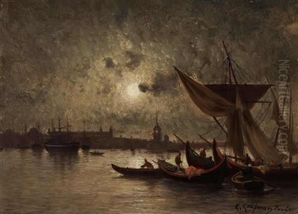 Fischerboote Im Mondschein Vor Einer Orientalischen Stadt Oil Painting by Adolf Kaufmann