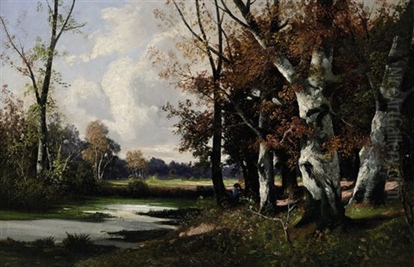 Bauerin Bei Einem Teich Am Waldrand Oil Painting by Adolf Kaufmann