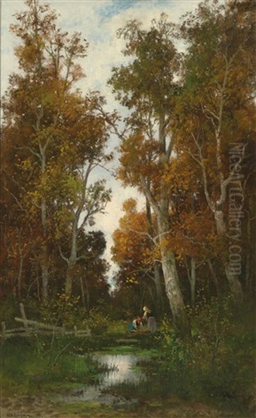 Autumn Woodland With Woman Gathering Brushwood Oil Painting by Adolf Kaufmann