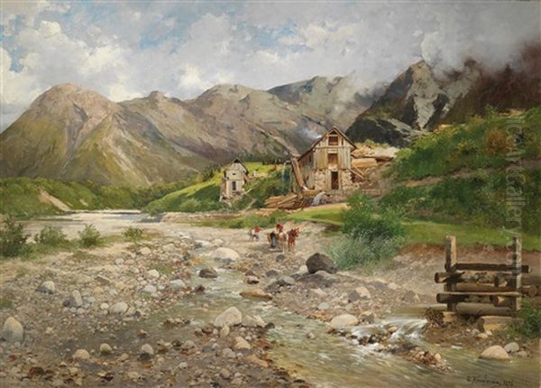 Mill By A Mountain River Oil Painting by Adolf Kaufmann