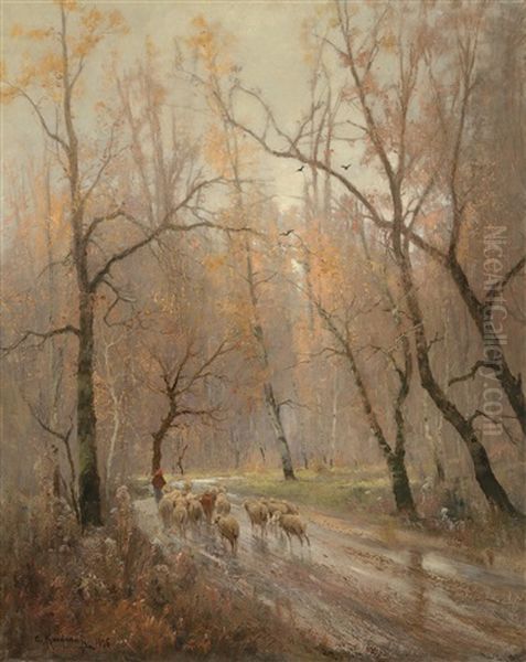 Herd Of Sheep Returning Home Oil Painting by Adolf Kaufmann