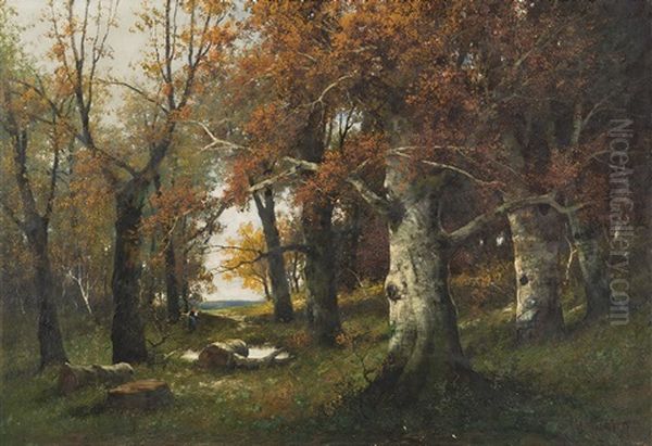 Waldlandschaft Mit Reisigsammlerin Oil Painting by Adolf Kaufmann