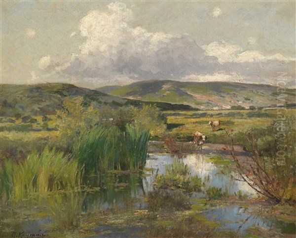 Kuhe Am Weiher Oil Painting by Adolf Kaufmann