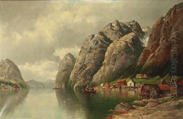 Fjordlandschaft Mit Booten Und Holzhausern Oil Painting by Adolf Kaufmann