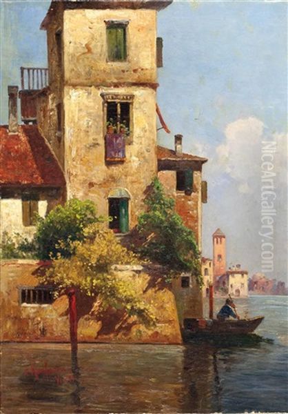 Haus Und Ort Am Meer Im Sonnenlicht Oil Painting by Adolf Kaufmann