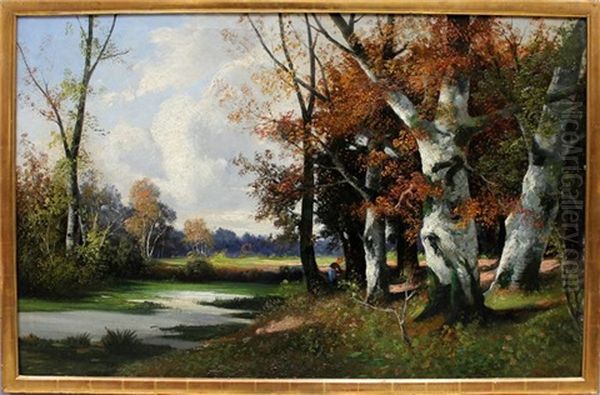 Bauerin An Einem Flusslauf Im Birkenwald Oil Painting by Adolf Kaufmann