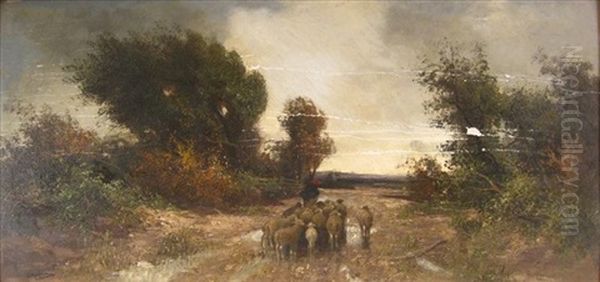 Shepherd With Flock Oil Painting by Adolf Kaufmann