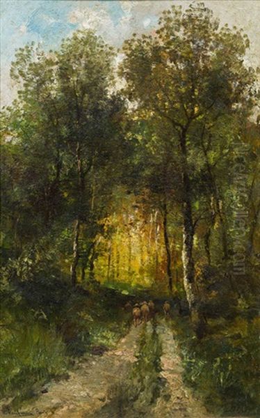 Waldweg Mit Schafherde Oil Painting by Adolf Kaufmann