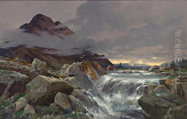 Norwegische Landschaft Mit Wasserfall Und Fischerdorf by Adolf Kaufmann