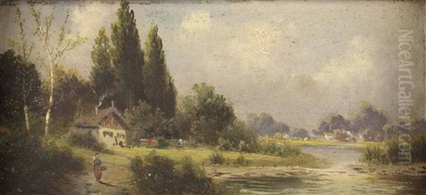 Bauerin Vor Gehoft Am Flussufer Oil Painting by Adolf Kaufmann