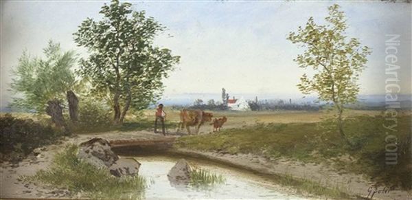 Bauer Mit Kuh Und Kalb In Landschaft Oil Painting by Adolf Kaufmann