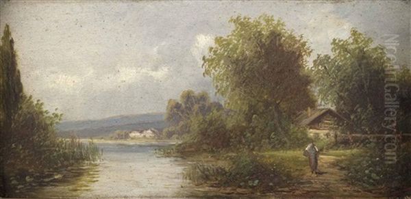 Bauerin Am Flussufer Mit Gehoften Oil Painting by Adolf Kaufmann