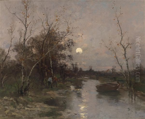 Aufgehender Mond Uber Einer Fluslandschaft Oil Painting by Adolf Kaufmann