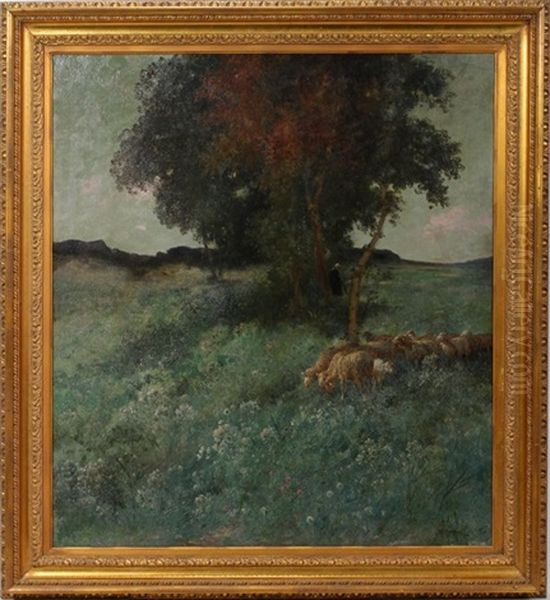 Sheep Among Wild Flowers Oil Painting by Adolf Kaufmann