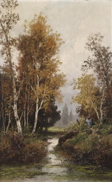 Herbstliche Stimmung Uber Einer Bachlandschaft Mit Figurlicher Staffage Oil Painting by Adolf Kaufmann