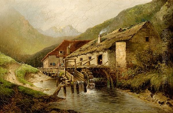 An Der Wassermuhle Oil Painting by Adolf Kaufmann