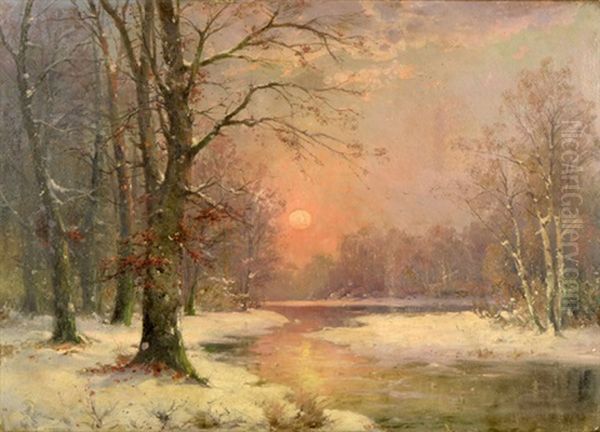 Sunset In Winter Landscape Oil Painting by Adolf Kaufmann