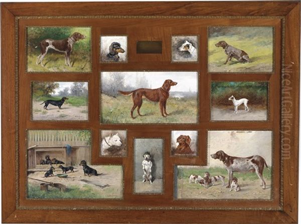 Jagdhunde (12 Works Framed Together) Oil Painting by Adolf Kaufmann