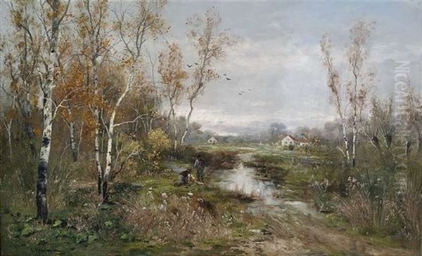 Herbstliche Moorladschaft An Einem Birkenhain Oil Painting by Adolf Kaufmann